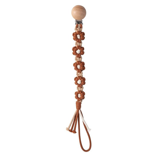 Pacifier Clip for Boys Girls Floral Daisy Macrame Paci Clip Boho Wooden Clips Handmade Braided Cotton Pacifier Holder Leash Baby Shower Birthday Gift (Caramel