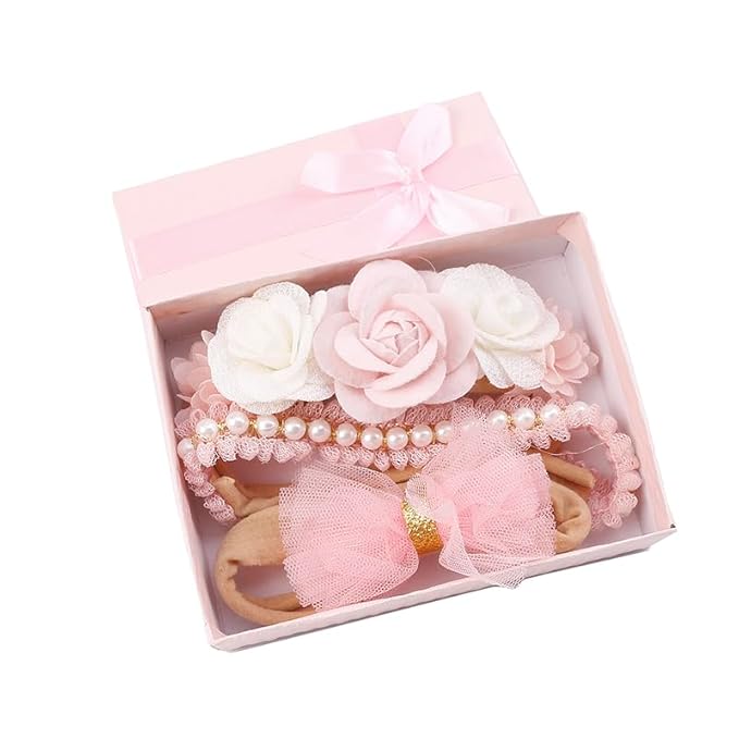 cherrboll Baby Girl Nylon Headbands, 3Pcs Handmade Floral Hair Bows, Stretchy Flower Hairbands for Newborns Infants Toddlers