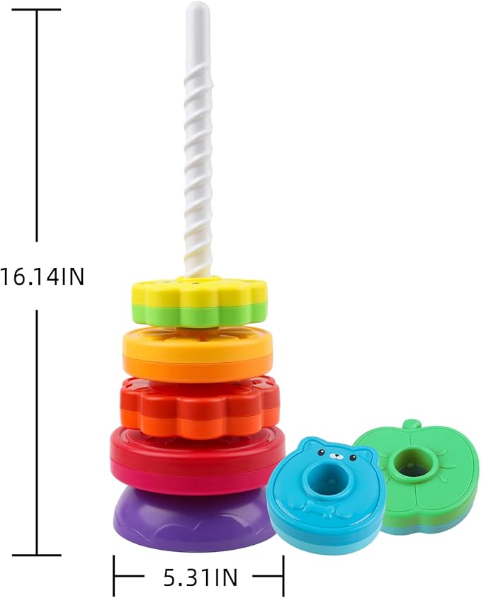 BYFWH Spinning Stacking Toys for Babies 12+ Month Rainbow Ring Flowers Animals Fruits Theme Stacker ABS Toys for Toddlers 1-3 Montessori Educational Learning Sensory Toy,Stacking Toy for Kids