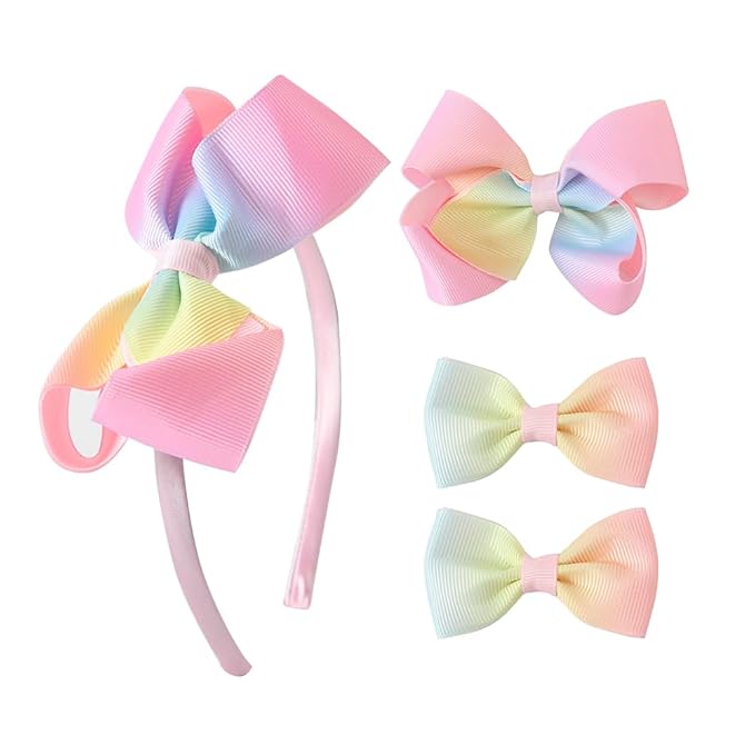 JIAHANG Baby Girls 4 Inch Grosgrain Ribbon Hair Bow Headband and Alligator Clips Set, Colorful Hair Bow Accessories for Children Toddler School Girls 4Pcs Gift Set (pink1)