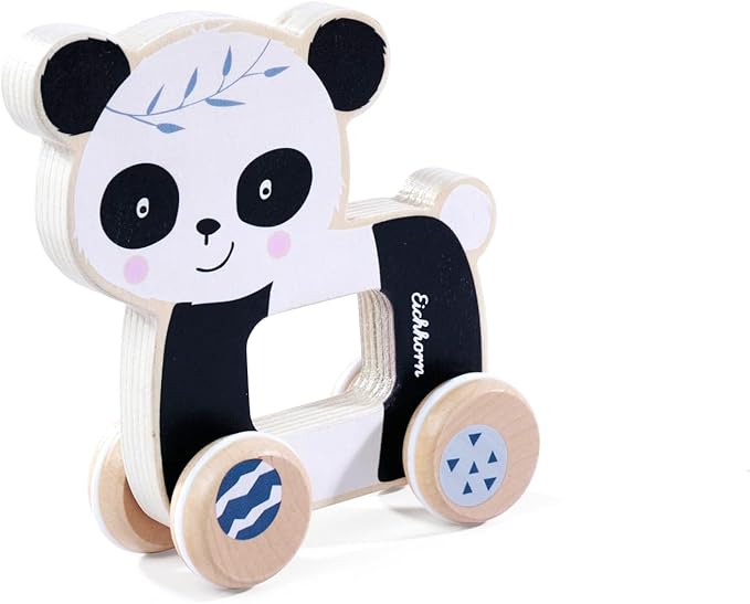 Eichhorn 100003818 Panda Sliding Animal Perfect for Small Children's Hands, 12 cm Long, Silent Silicone Wheels, Made from 100% FSC Certified Beech Wood, from 1 Year