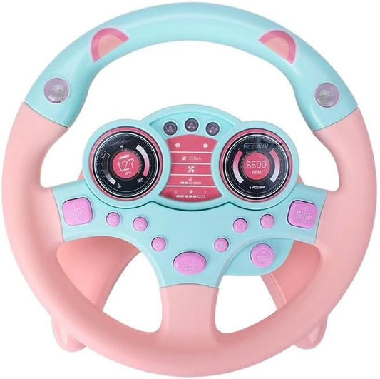 Simulated Driving Controller Portable Simulated Steering Wheel Copilot Toy Children's Small Steering Toy Gift Funny Interactive Driving Wheel with Music. (Pink)