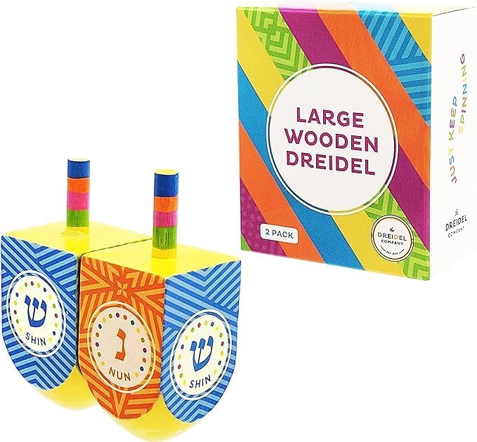 The Dreidel Company Extra Large Hand Painted Wood Hanukkah Dreidels, 2-Pack Fun Dreidel Design