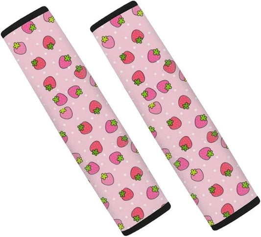 UNICEU Car Accessories Seat Belt Covers Shoulder Pads Seatbelt Strap Cover for Adults Women Kids, Cute Pink Strawberry Printed Neoprene Car Seatbelt Cushion Covers