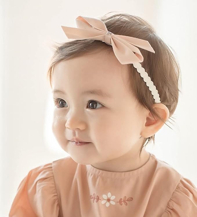 Baby Girls Lace Bow Headband Cute Chiffon Bow-Knot Toddler Hairband Elastic Soft Lace Infants Birthday Party Hair Accessories (Pink-2, One size)
