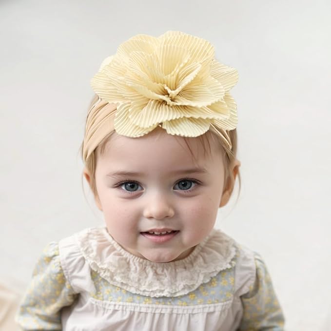 Large Flower Elastic headband for Baby Girl Infant Soft Fabric Chiffon Floral Hairband Toddler Newborn Christening Baptism Hair Accessories (Flower 1 - khaki, Elastic)