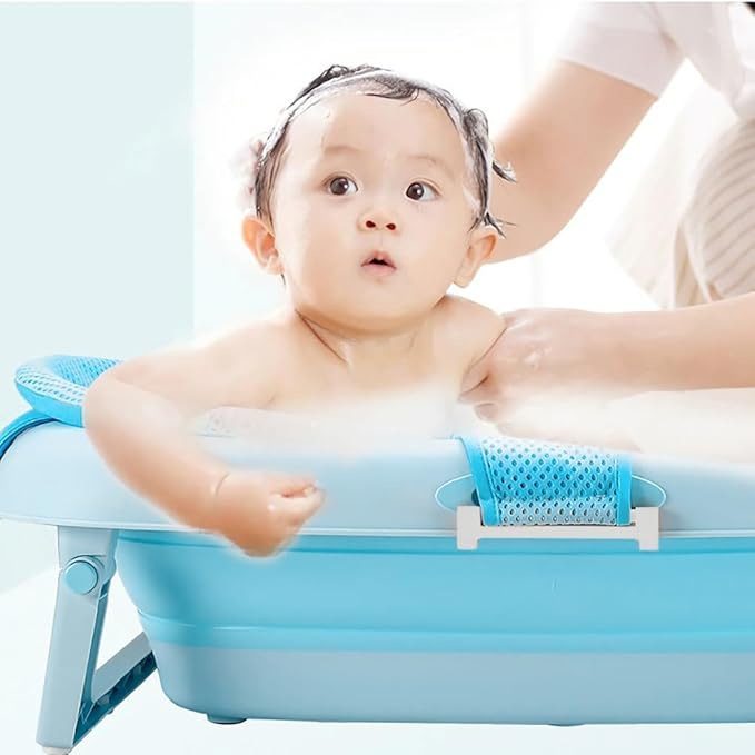 Baby Bath Seat Support Net Infant Bathing Support Mat Newborn Bath Tub Seat Cushion Pad with Five Safety Support Corner Adjustable Mesh Bathtub Sling Non Slip Shower Pad for 0-18 Months (Blue)