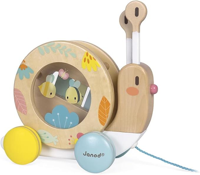 Janod Pure Pull Along Snail - Wooden 2-in1 Musical Toy - Ages 1+ - J05159