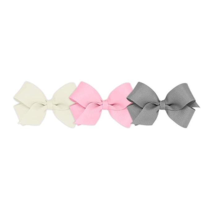 Wee Ones Girls' 3 pc Set Solid Grosgrain Variety Pack on a WeeStay No-Slip Hair Clip, Mini, Antique White, Pearl Pink and Gray