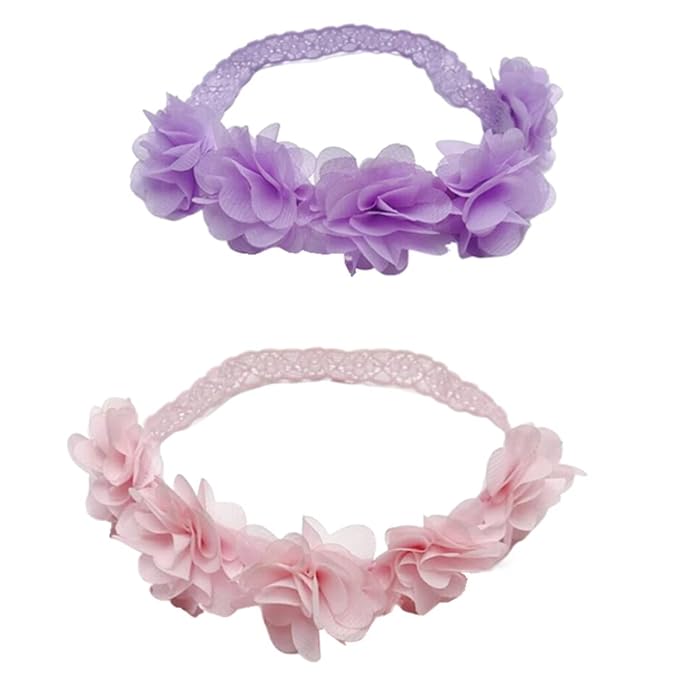 Jilukibo Baby Elastic Lace Bows Flower Headbands, Stretch Gold Princess Floral Hair Band Headwear for Infant Girls Toddler Hair Accessories (2 Pack, Purple Pink)