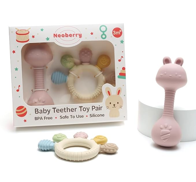 Baby Teether and Rattle Toy Set, BPA-Free, Food-Grade Silicone, Easy-Grip Teething Rattle for Babies, Soothing Teething Toy, Infant Sensory Toy for 3-24 Months (Cat)