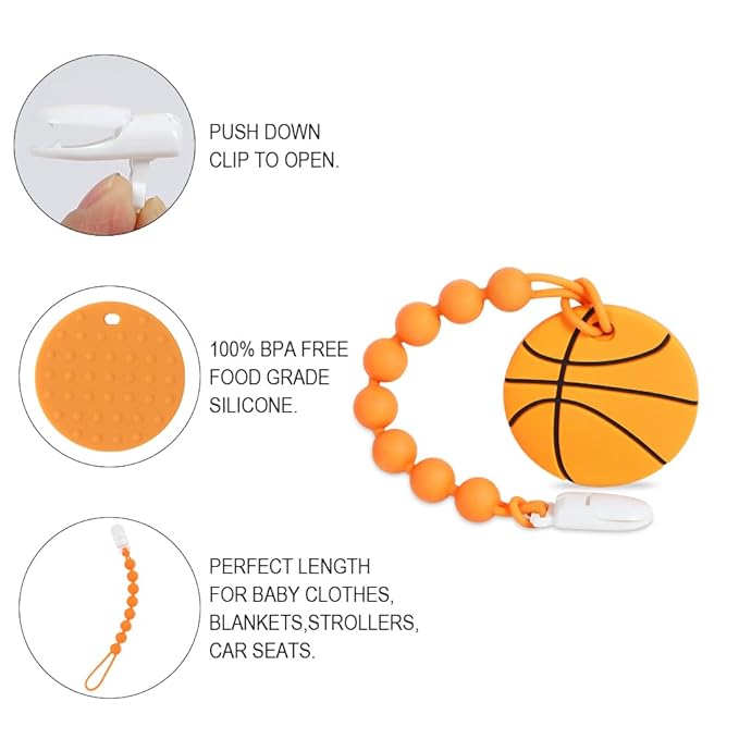 Baby Sports Ball Teething Toys,Food Grade Silicone Teether with One-piece Pacifier Clip Holder,Shower Gift,Teething Pain Relief for 3 Months+ Boy and Girl,BPA Free,Freezer Safe. (Basketball)