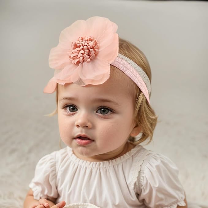 Large Flower Elastic headband for Baby Girl Infant Soft Fabric Chiffon Floral Hairband Toddler Newborn Christening Baptism Hair Accessories (Flower 5 - Pink, Elastic)