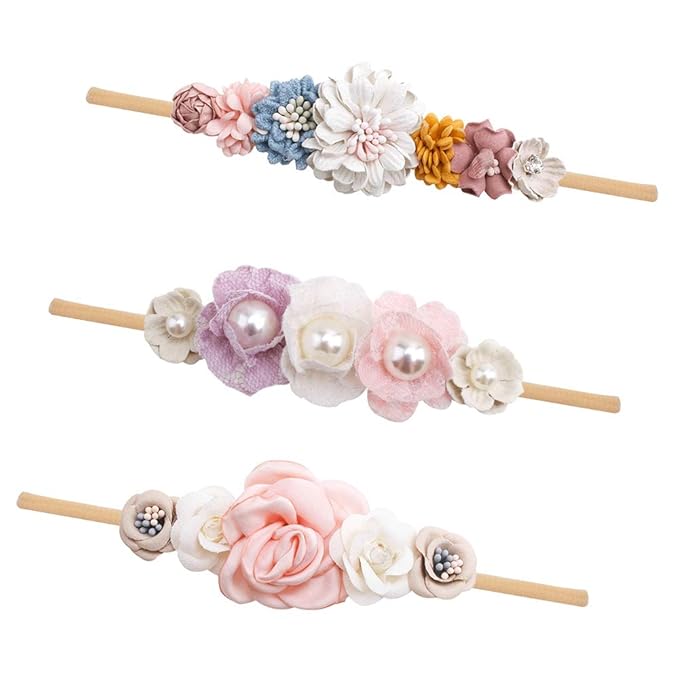 cherrboll 3pcs Baby Girl Flower Headbands, Super Soft & Stretchy Nylon Floral Hairbands for Newborn Toddler