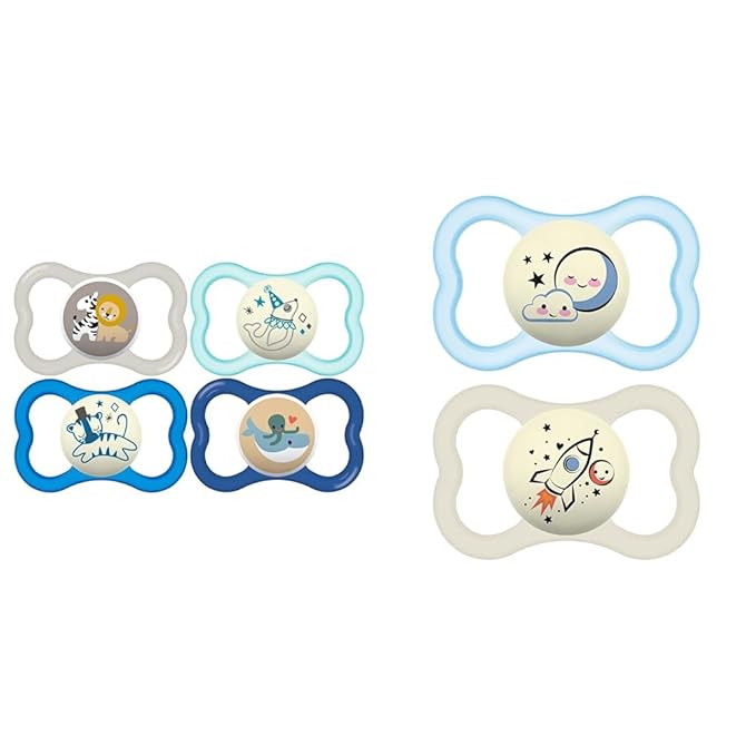 MAM Air Day & Night Baby Pacifier, for Sensitive Skin, Glows in The Dark & Supreme Night Pacifiers (2 Pack, 1 Sterilizing Pacifier Case)