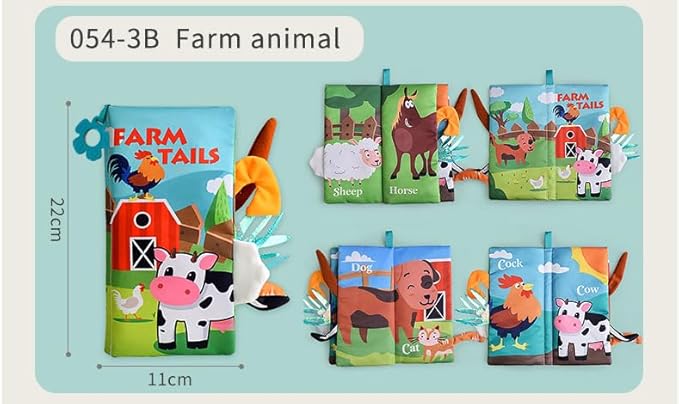 Baby Cloth Book Toys with Tails, Stroller Soft Toys for Infant Baby 0-18 Months (Farm Animals)