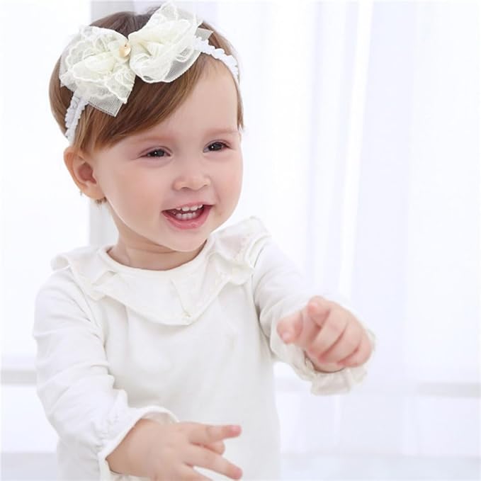 Lace Flower Bow Baby Girls Headband Pink Knot Infant Wrap Soft Chiffon Elastic Baby Turban Hair Band for Newborn Infant Toddler Kids (Ivory D)