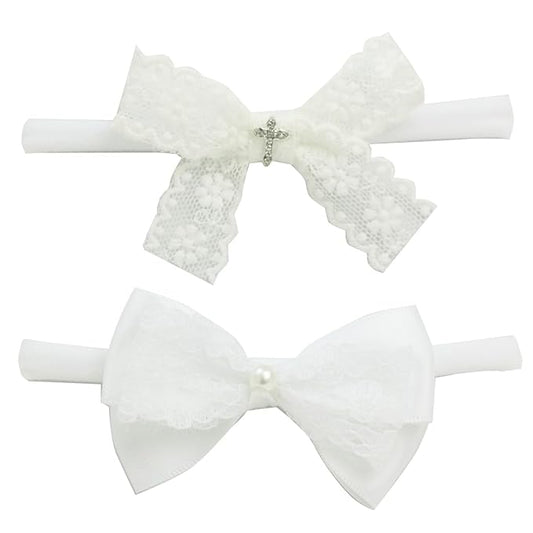 Newborn Girl Small White Lace Bow Baby girl Baptism Headband with Cross