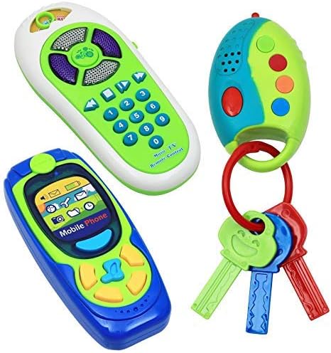 Click N' Play Pretend Play Cell Phone TV Remote & Car Key Accessory Playset for Kids with Lights Music & Sounds (Set of 3)