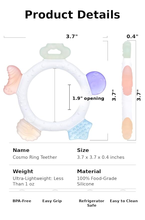 Cosmo Ring Teether – 100% Food Grade Silicone Baby Teething Toy | Multi-Textured Sensory Shapes for Gum Relief | Easy Grip Circle Design | BPA-Free, Phthalate-Free | Baby Teether 3-36 Months