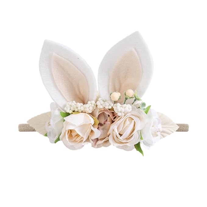 KIDOCHEESE Baby Girl Floral Easter Bunny Ears Headband Rabbit Ears Nylon Hairband for Newborn Infant Toddler Easter Hair Accessories Gift
