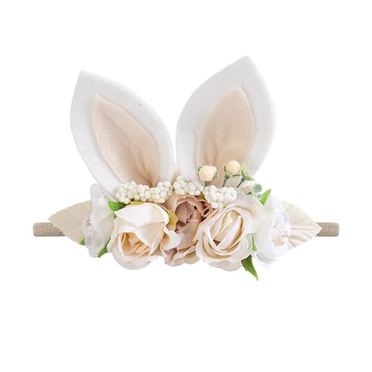 KIDOCHEESE Baby Girl Floral Easter Bunny Ears Headband Rabbit Ears Nylon Hairband for Newborn Infant Toddler Easter Hair Accessories Gift
