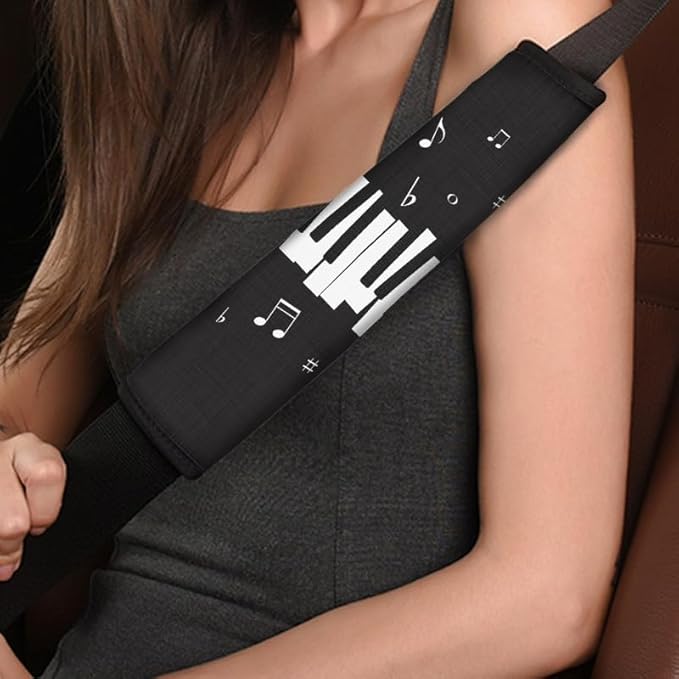 Black White Piano Keys Music Note Print Universal Seat Belt Covers for Musical Instrument Lover Auto Polyester Car Belt Strap Cover Shoulder Pad More Comfortable Driving
