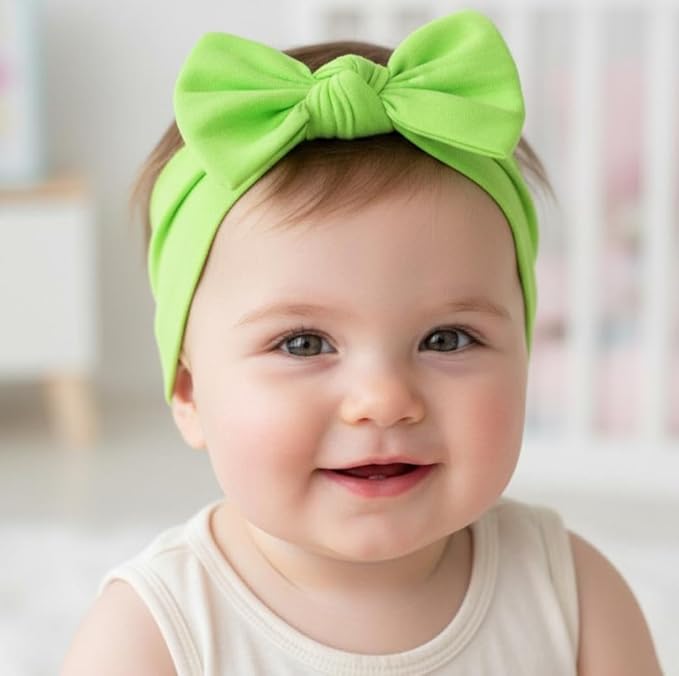 Baby Girl Headbands 0–6 Months – Newborn Infant Soft Cotton Handmade Bow Headband, Stretchy No Mark Baby Hair Accessories (Lime Green, 0-6 Month)