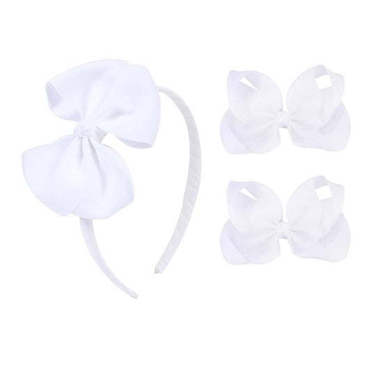 Bow Headband & 2 Pcs 4 Inch Hair Bows Set, Black School Hair Accessories for Little Toddler School Girls (White)