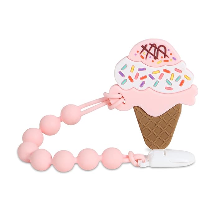 Baby Teething Toys,Food Grade Silicone Teether with One-piece Pacifier Clip Holder,Baby Gift,Highly Effective Pain Relief for 3 Months+ Boy and Girl,BPA Free,Freezer Safe. (Ice Cream)