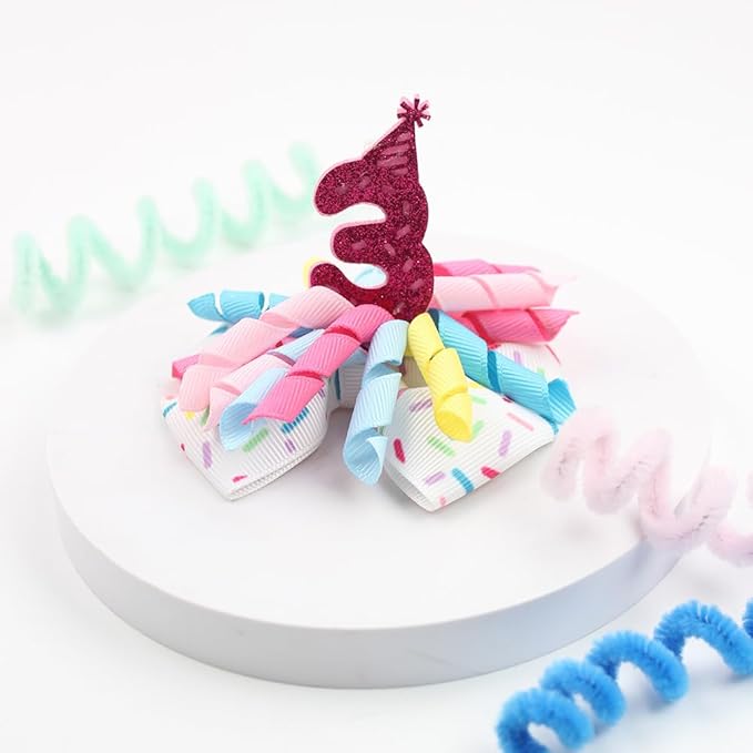 Birthday Hair Clips for Baby Girls - 2Pc Curly Ribbon with Deep Red Number Bow Hair Clips for 3rd Birthday Baby Bow Party Decorations for Girls Toddlers Hair Accessories (Deep red Number-3 Years)