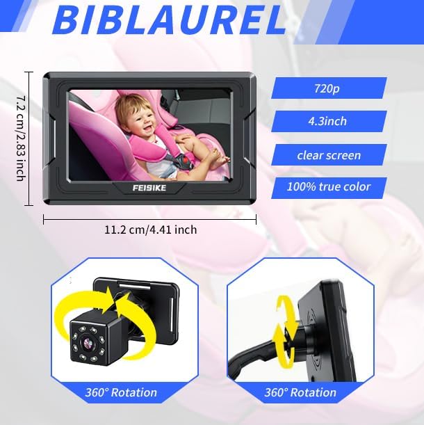 Baby Car Monitor Mirror,View Infant in Rear Facing Seat with HD Camera,360° Rotation Plug and Easy Install with Wire, Day and Night Version, 4.3 inch, Black