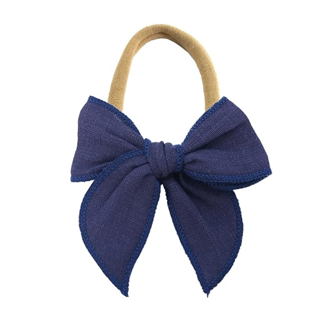 Sugarmelon Linen Bow Nylon Headband for Baby Newborn Infant Toddler Hair Bow Elastic Bands for Baby Girls Little Kids Headbands (Linen Fable bow 3'')
