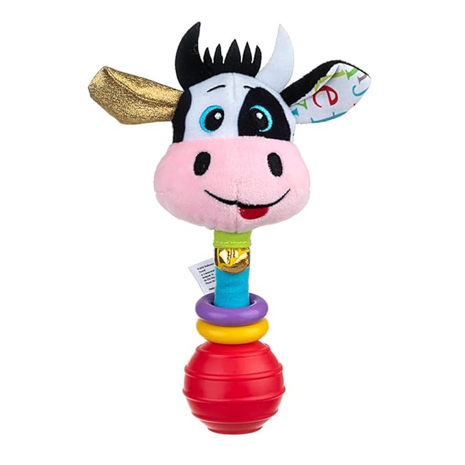 Balibazoo Clara The Cow Baby Rattle – Soft Plush Infant Stick Rattle Toy with Easy-Grip Handle, Golden Bell & Movable Hoops | Developmental Toy for Babies 0-18M