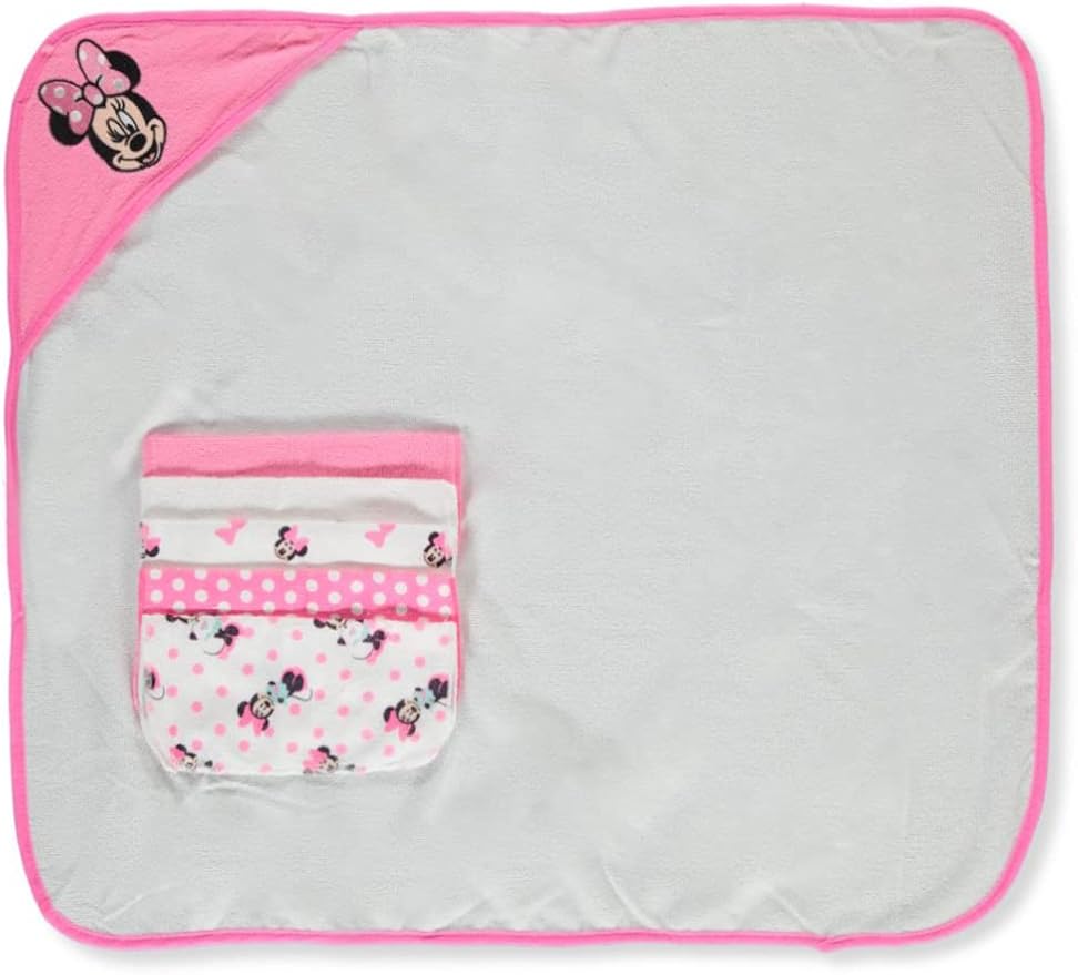 Cudlie Accessories Disney Baby Minnie Mouse Hooded Towel with 5 Piece Washcloth Set, Cute Face Print, GS71797 Pink One Size