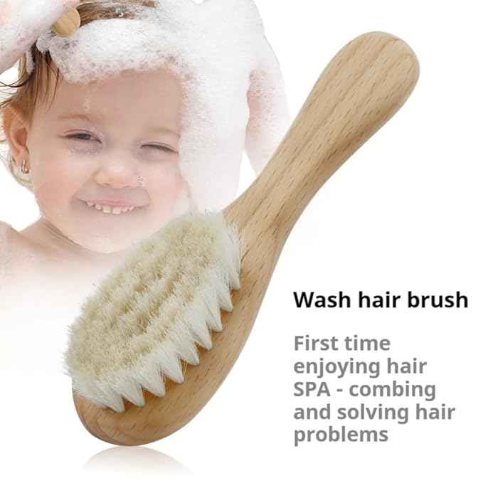 2-pcs Natural Goat Hair Baby Hair Brush - Hypoallergenic & Soft Wooden Handle for Delicate Scalp Massage & Relaxation - Perfect for Newborns & Toddlers”
