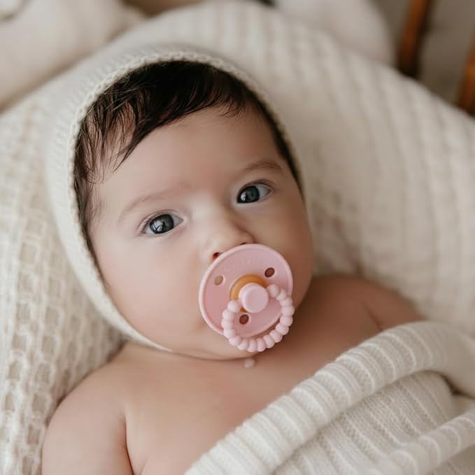 Luladream Pacifier - Natural Rubber Nipple - Soft Teething Handle - for Infants Baby's and Toddlers, 0-18 Months (Blush Pink + Rose Petal)