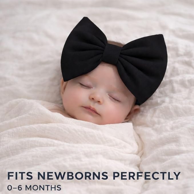 Newborn Baby Girl Headband 0–6 Months – Soft Cotton Big Bow Headband for Infants, Stretchy Baby Hair Band, 4.3" (11 cm) Bow, 2.4" (6 cm) Band (Black, 0-6 Month)