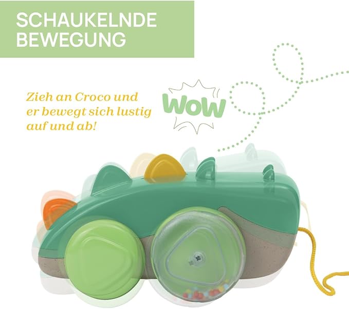 Chicco, Crocodile Pull Along Eco+, Pull Along Toy, 50 cm Long Rope, Wheels with Balls, Tumbling Movement, Recycled Plastic, Made in Italy, Children's Toy from 12-36 Months