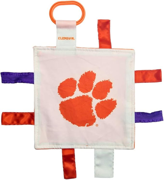 The Learning Lovey Clemson University Baby Tag Toy - College Baby Sensory Crinkle Toys - Soft & Safe - Ideal Baby Stroller Toy - BPA Free w/Stroller Clip (8" x 8" Tag Toy)