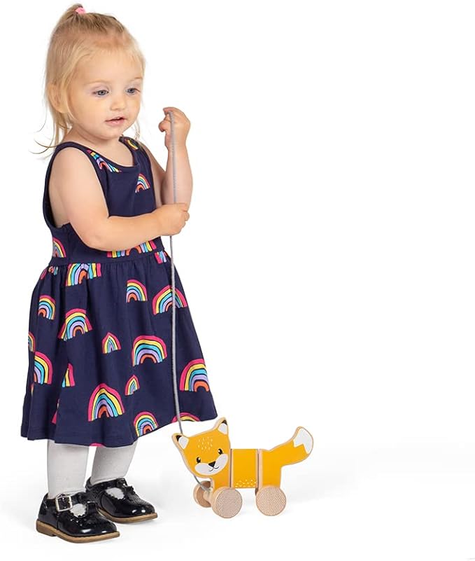 Bigjigs Toys FSC® Certified Fox Pull Along Toy - Eco-Friendly Wooden Fox with Grey Pull Cord, Quality Pull Along Toys for 1 Year Olds, Wooden Baby Toys with Non-Toxic Paints & Lacquers