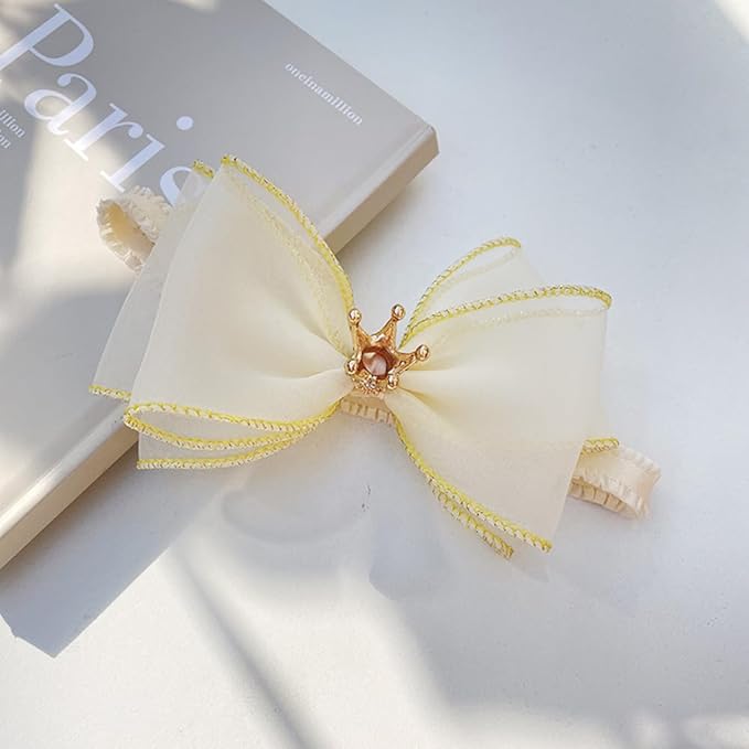 Cute Baby Girl Headband with Lace Bow and Crown Elastic Lace Bow Hair Band Newborn to Toddler Hair Accessory Shower Birthday Party Gift (Ivory, Free)