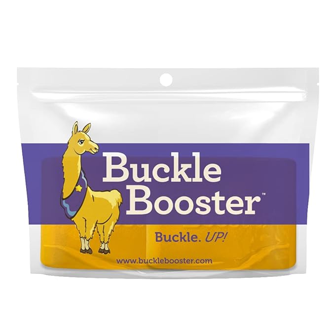 BPA-Free Car Seat Belt Buckle Booster - Keeps Your Receptacle Stable & Upright – with Kid Safety Sticker Set Gift (4-Pack, Yellow - Pull Over Buckle)