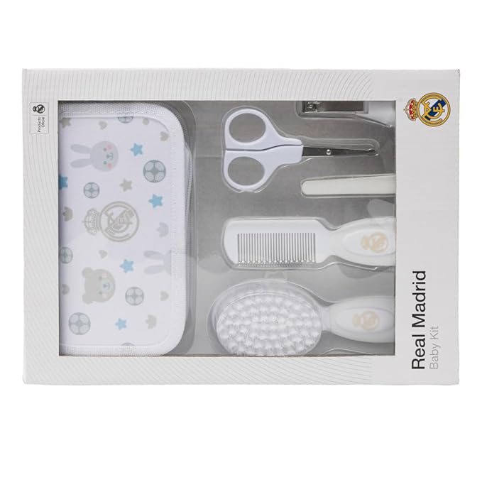 Real Madrid Grooming Kit, Baby Essentials, Case with Comb, Soft Brush, Scissors, Nail Clippers and Files, Case Bag with Cute Club Design, +0 Months | RM Official License