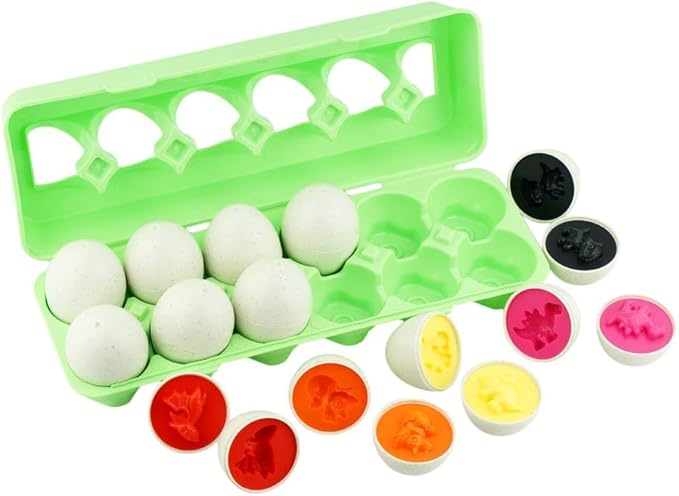 Dimple 12 Dinosaur Egg Matching Toy Play Eggs Easter w/ Holder - Toys for Toddlers STEM Colors & Shapes Recognition Kids Educational Color Sorting Eggs, Multicolored