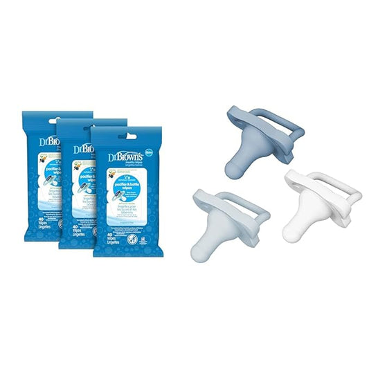 Dr. Brown's Bottle and Pacifier Healthy Wipes, Naturally Cleaning for Bottles and Baby Items, 30 Count, 3 Pack & HappyPaci 100% Silicone Pacifier 0-6m, BPA Free, White, Blue, Light Blue, 3 Pack