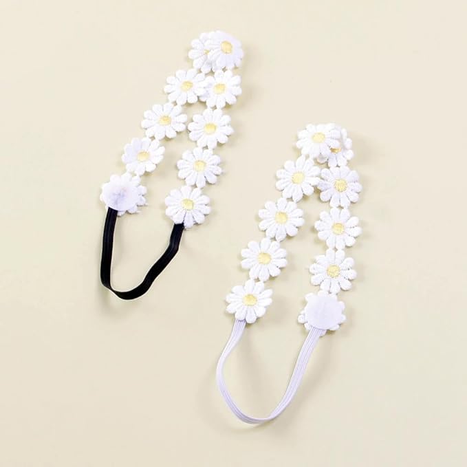 2PCS Little Daisy Flower Elastic Baby Girl Headbands Floral Crown Hairbands for Newborn Infant Toddler Party Birthday Wedding Hair Accessories Outdoor Photography Props