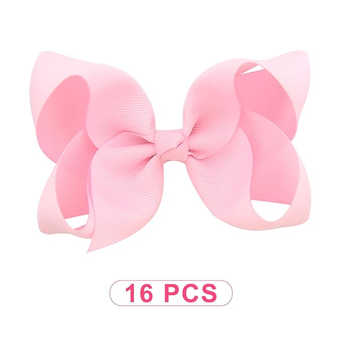 DEEKA 16 PCS 4" Hand-made Hair Bow Grosgrain Ribbon Solid Color Hair Bow Alligator Clips Hair Accessories for Little Teen Toddler Girls -Light Pink