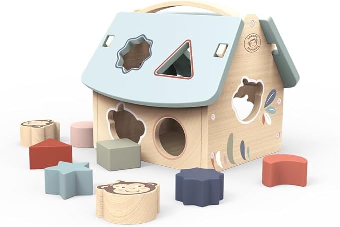 Speedy Monkey House Shape Sorter with 8 Blocks, Fun Colors, Shapes, Monkey Character, Wooden Toy, Non-Toxic Paint, Enhances Learning, Ideal for Kids