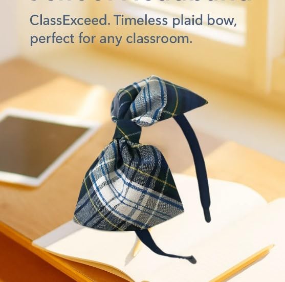 ClassExceed School Headband, Plaid bow headband, back to school, available in variety of school plaids (Plaid 80 White Green yellow, Regular)
